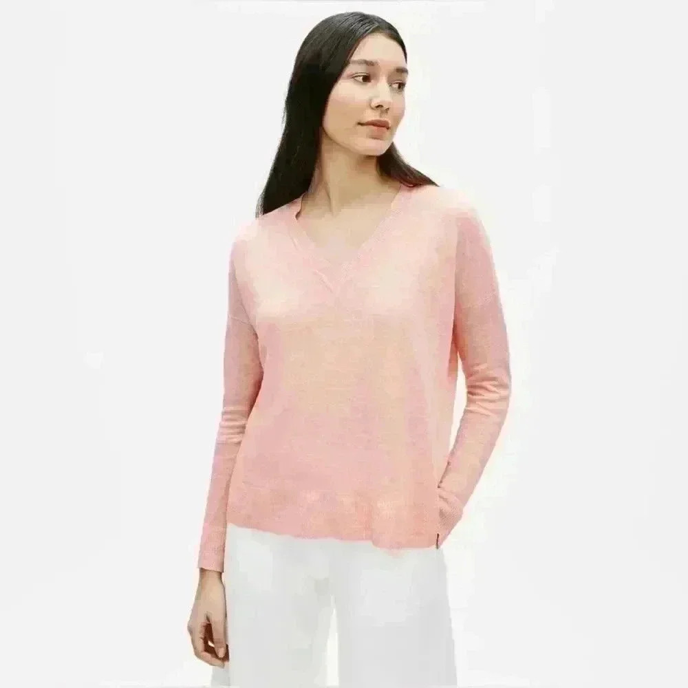 Eileen Fisher Melange Organic  Linen V-Neck Box Sweater Top Size Small Pink